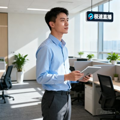极速直播产品经理张宇航的年轻干练形象照，手持平板电脑，背景为开放式办公区